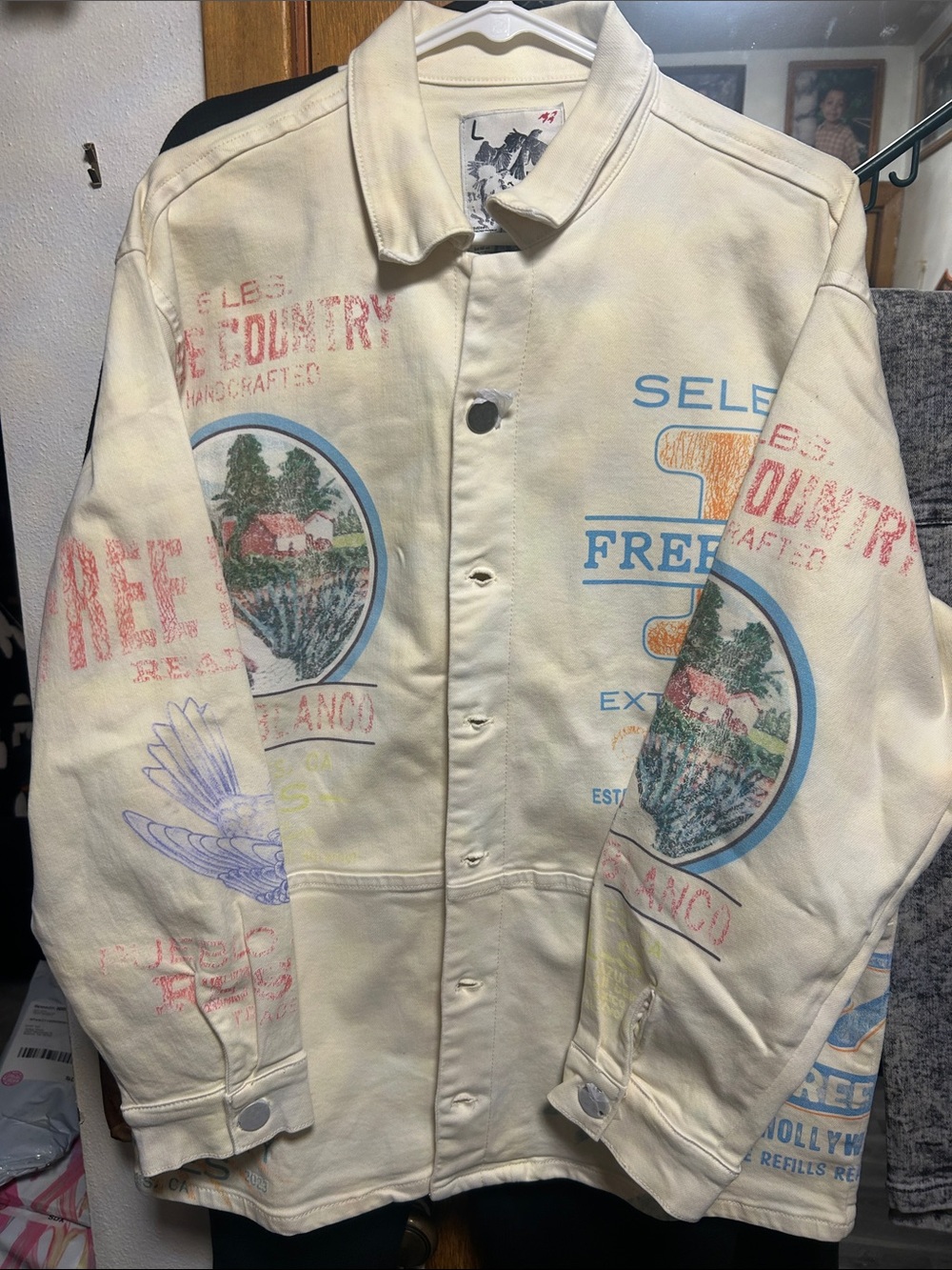 Cream Graphic Shirt Jacket with Country Print